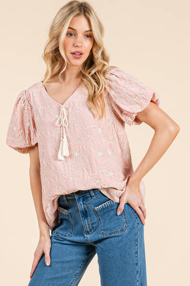 Floral Embroidered V-Neck Blouse,